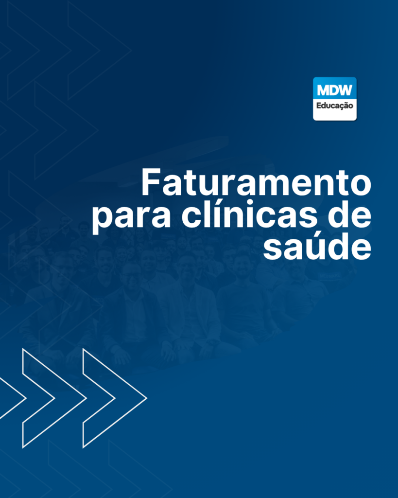 Capa do curso de faturamento para clínicas de saúde da MDW Educação com fundo azul e título em destaque