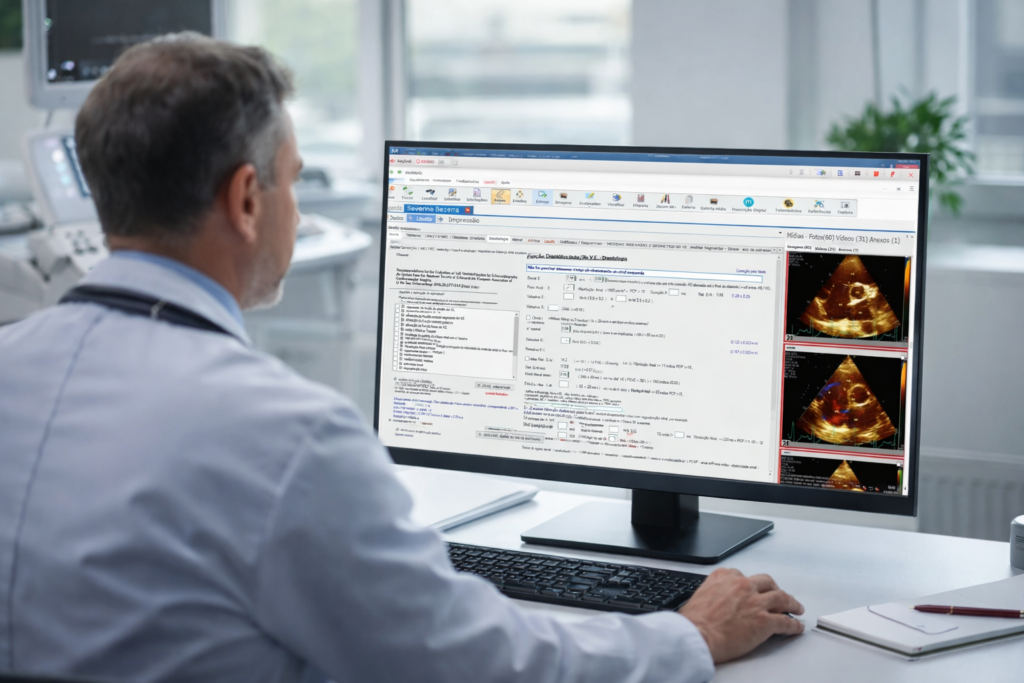 sistema para ecocardiografia sendo utilizado por médico em análise de exame no computador