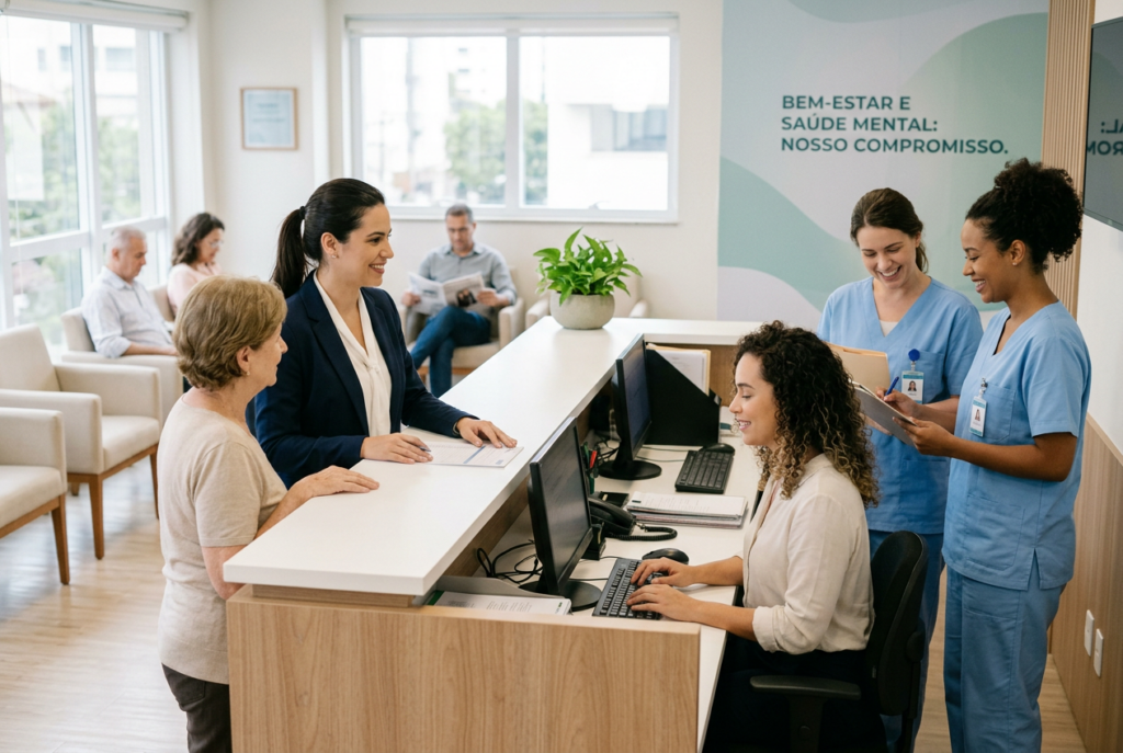 Recepção de clínica médica com equipe atendendo pacientes de forma organizada e acolhedora, com foco em bem-estar e saúde mental