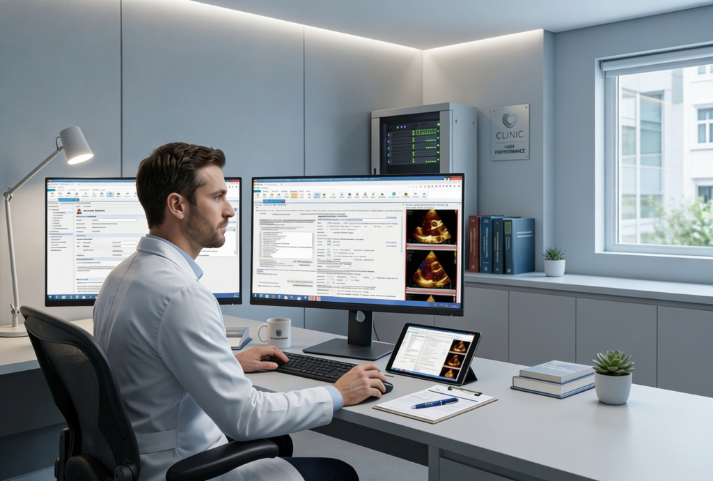 médico analisando e aprendendo a organizar uma clínica de ultrassom