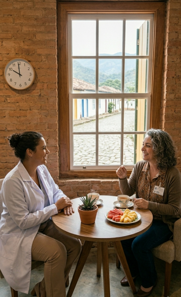 Duas profissionais de saúde, uma jovem em jaleco branco e uma mulher sênior, conversam sorrindo em uma mesa de café redonda. Sobre a mesa há chá, frutas e um pequeno cacto. Ao fundo, uma janela de madeira revela uma rua histórica de paralelepípedos e montanhas sob luz natural. Um relógio de parede está pendurado no tijolo exposto à esquerda.