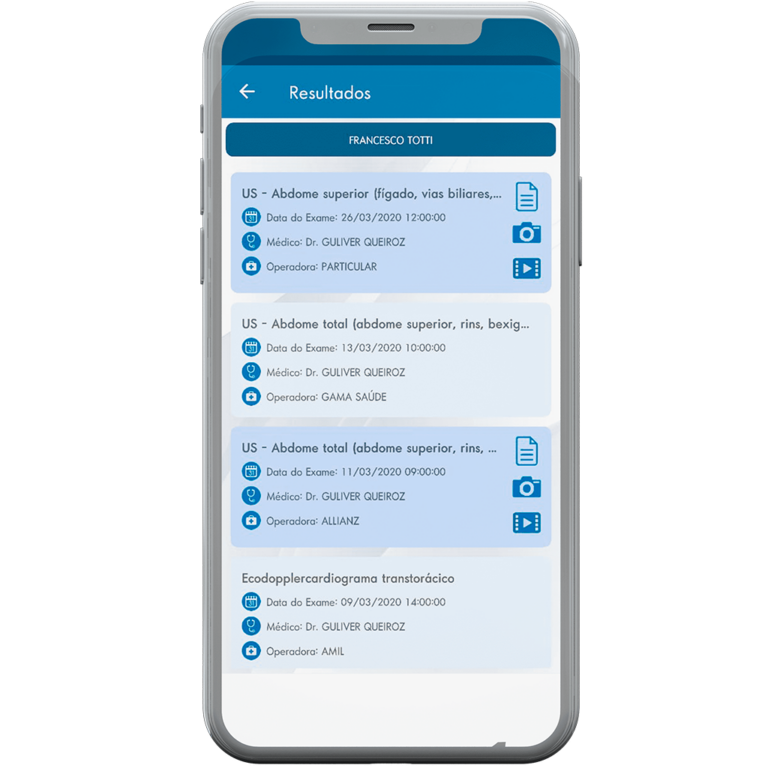 Resultados de exames online organizados em aplicativo com histórico de exames no celular